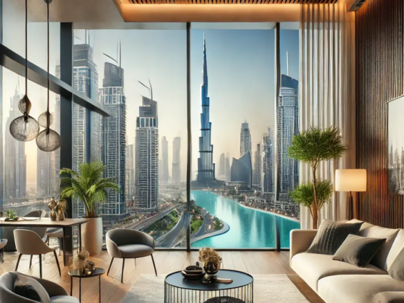 Buying Property in Dubai: Visa Benefits for Foreigners 4 Luxury apartment interior in Dubai with floor-to-ceiling windows overlooking the Burj Khalifa and city skyline