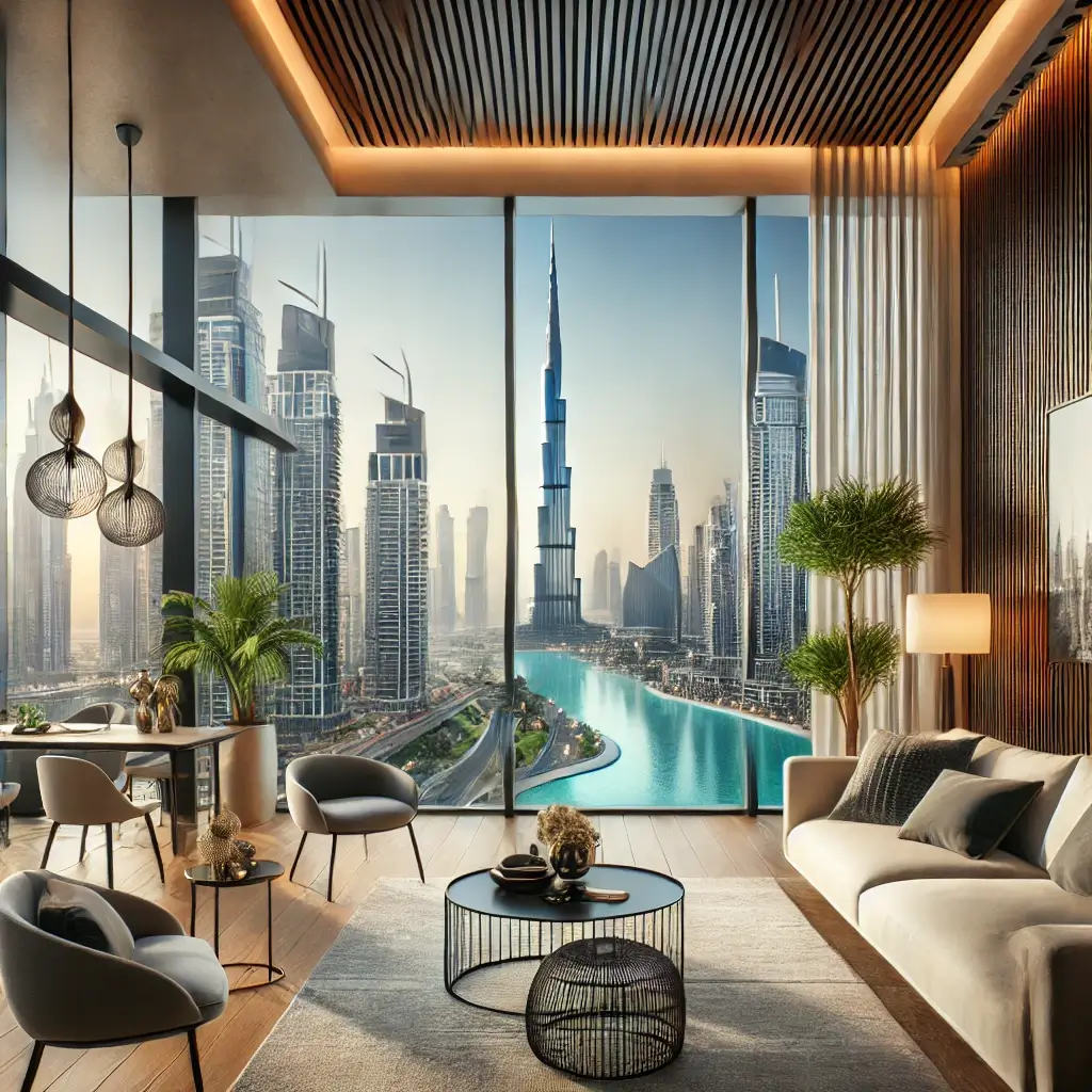 Buying Property in Dubai: Visa Benefits for Foreigners 4 Luxury apartment interior in Dubai with floor-to-ceiling windows overlooking the Burj Khalifa and city skyline