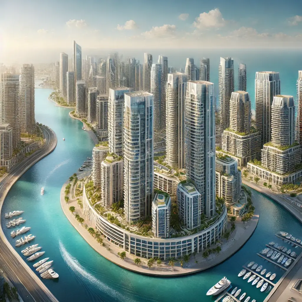 Al Reem Island Abu Dhabi: Property Guide for Buyers & Tenants 10 A panoramic view of Al Reem Island in Abu Dhabi, featuring modern glass high-rise buildings, luxury yachts docked along the marina, turquoise waters, and lush greenery under clear blue skies