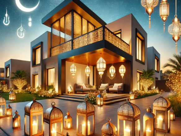 Rent or Sell Property Faster in UAE This Ramadan 4 Luxury villa in Dubai decorated with Ramadan lanterns and crescent moons under a twilight sky