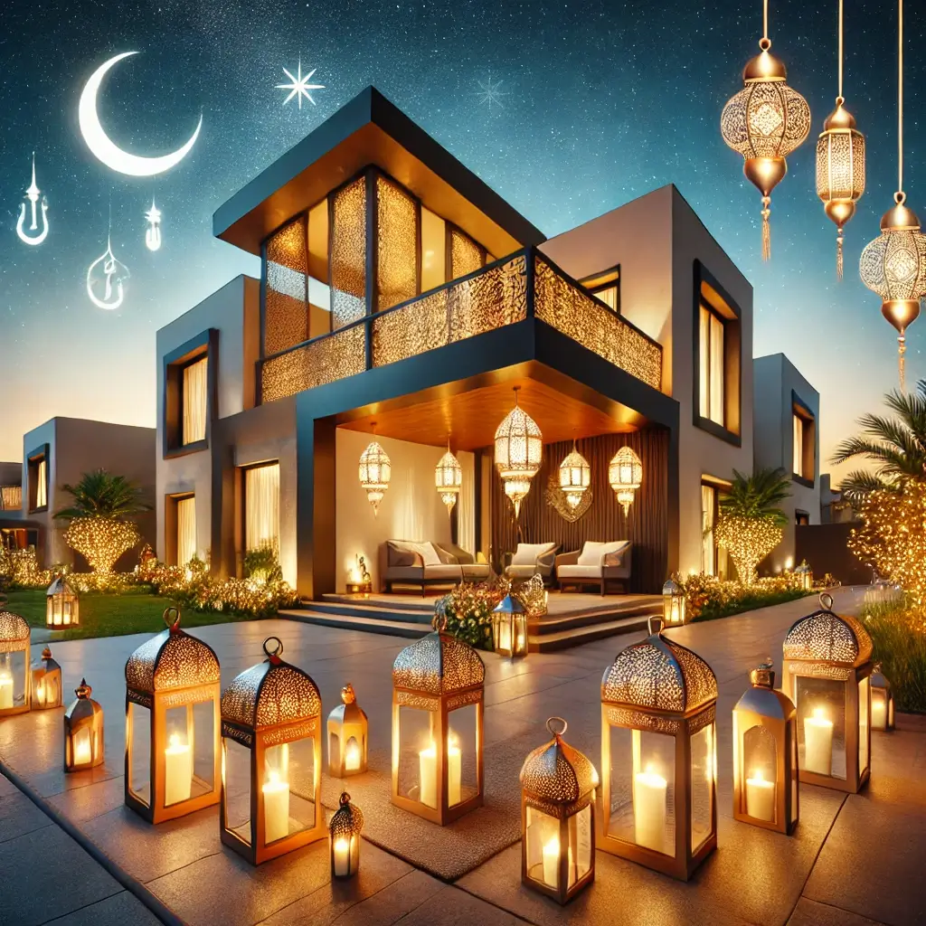 Rent or Sell Property Faster in UAE This Ramadan 1 Luxury villa in Dubai decorated with Ramadan lanterns and crescent moons under a twilight sky