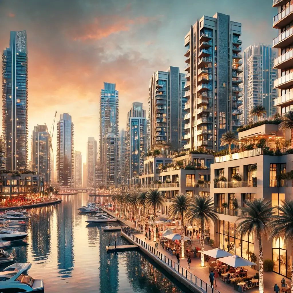 Best UAE Communities for Expats: Top Areas for Schools, Safety, and Lifestyle 6 Scenic sunset view of Dubai Marina with high-rise buildings, yachts, and palm-lined promenade