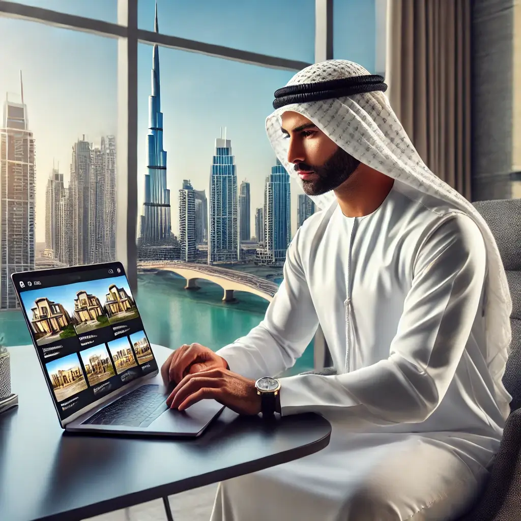 Why UAE Landlords Prefer Free Property Listing Platforms 8 A UAE real estate investor in traditional attire using a laptop to browse free property listing platforms, with Dubai’s skyline, including the Burj Khalifa, visible through the window