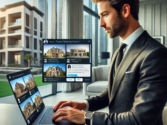 Best Free Property Listing Site in Dubai | LuxuryHomesUAE.ae 2 Male real estate agent in UAE using a laptop to message property buyers and sellers directly for free