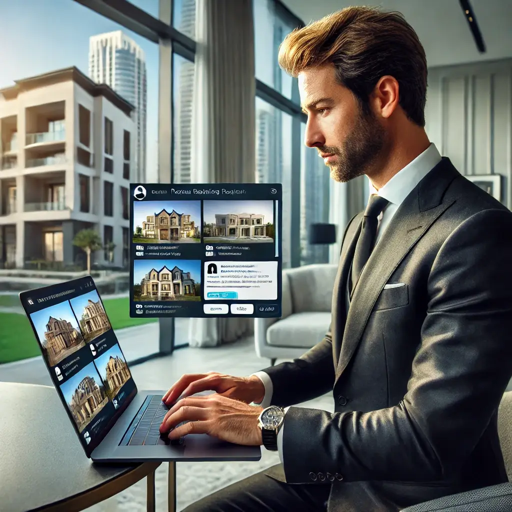 Best Free Property Listing Site in Dubai | LuxuryHomesUAE.ae 1 Male real estate agent in UAE using a laptop to message property buyers and sellers directly for free