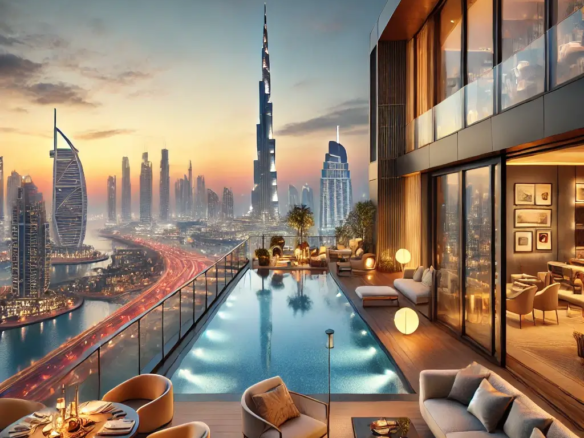 Dubai Luxury Penthouse Guide: Buy, Rent, and Invest Smartly 4 Luxury penthouse in Dubai with a sunset view, infinity pool, and modern interiors overlooking the Burj Khalifa