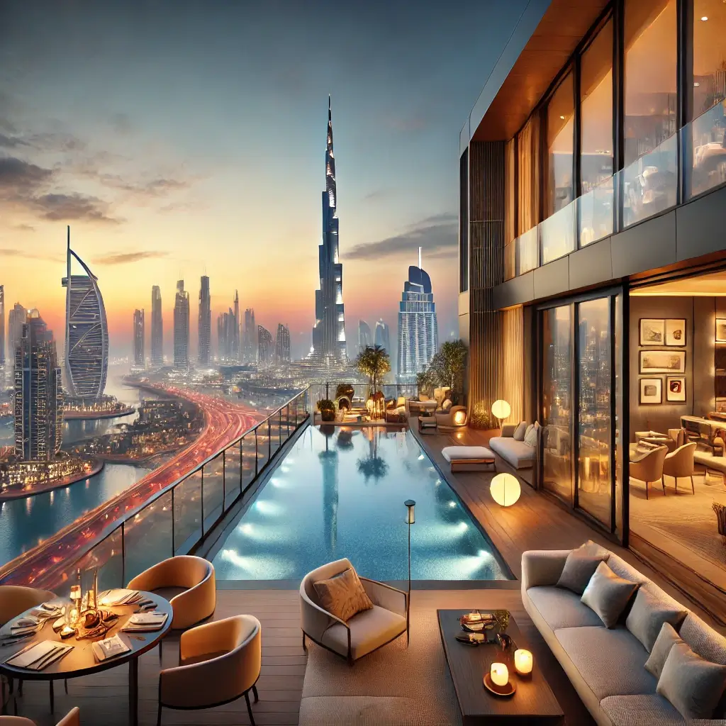 Dubai Luxury Penthouse Guide: Buy, Rent, and Invest Smartly 7 Luxury penthouse in Dubai with a sunset view, infinity pool, and modern interiors overlooking the Burj Khalifa