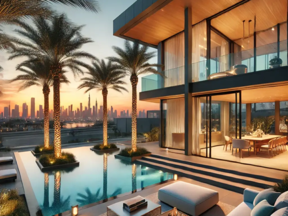 10 Pro Tips for Real Estate Photography in the UAE 3 Luxurious modern villa in Dubai with large glass windows, an illuminated outdoor pool area, palm trees, and a sunset view, with the Dubai skyline in the background