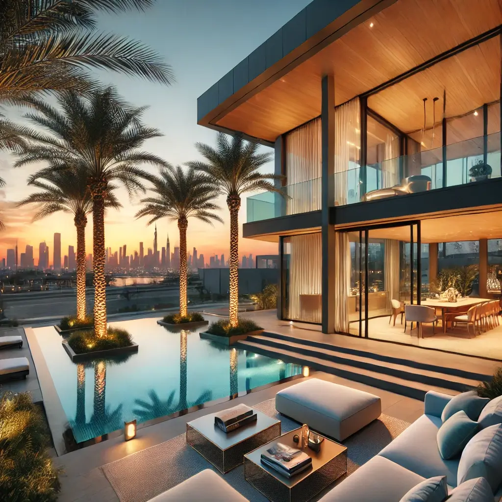 10 Pro Tips for Real Estate Photography in the UAE 2 Luxurious modern villa in Dubai with large glass windows, an illuminated outdoor pool area, palm trees, and a sunset view, with the Dubai skyline in the background