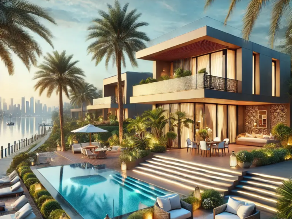 7 Mistakes to Avoid When Renting a Villa in Abu Dhabi 4 A luxurious Abu Dhabi villa with a private pool, lush greenery, and a scenic waterfront, offering an upscale rental experience