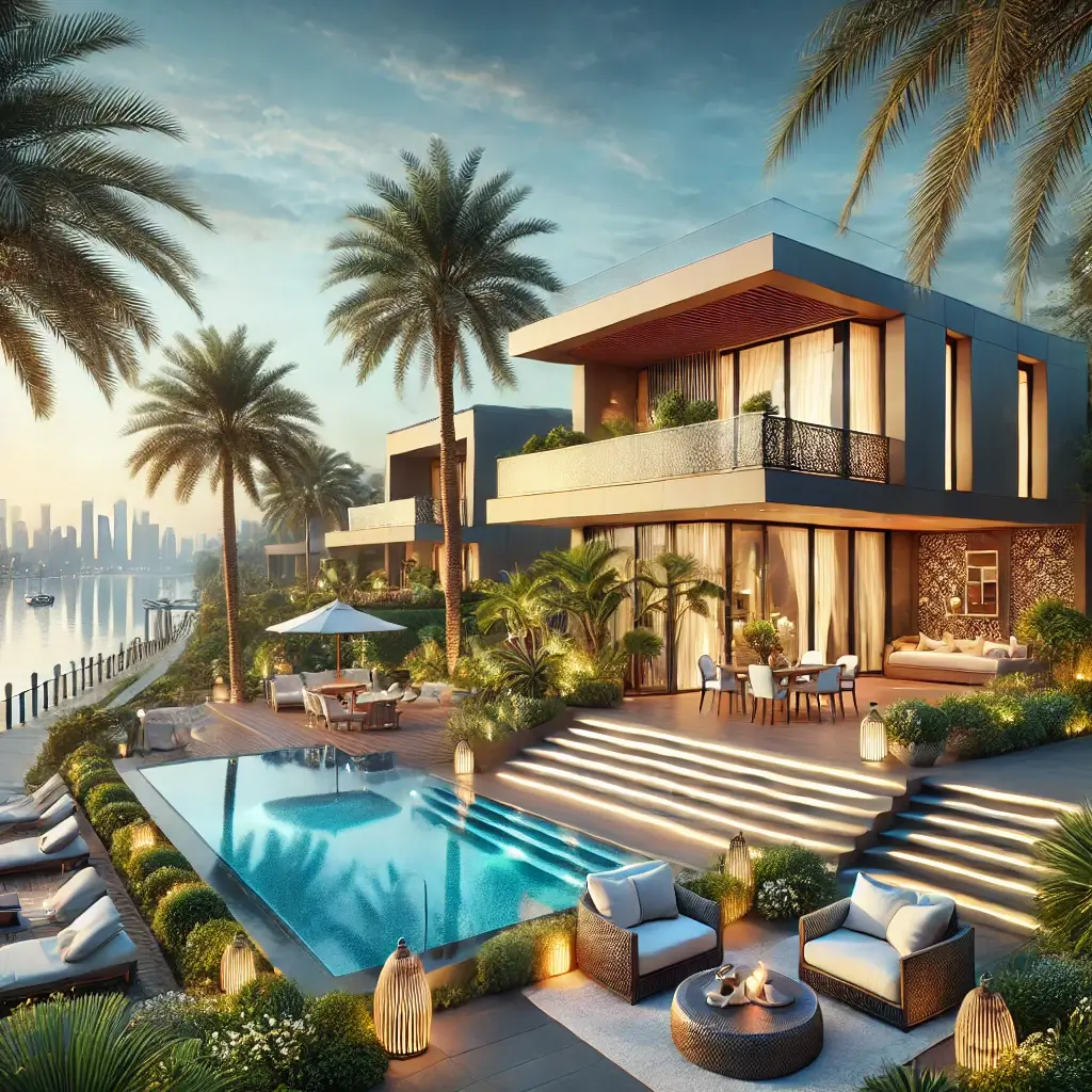 7 Mistakes to Avoid When Renting a Villa in Abu Dhabi 1 A luxurious Abu Dhabi villa with a private pool, lush greenery, and a scenic waterfront, offering an upscale rental experience