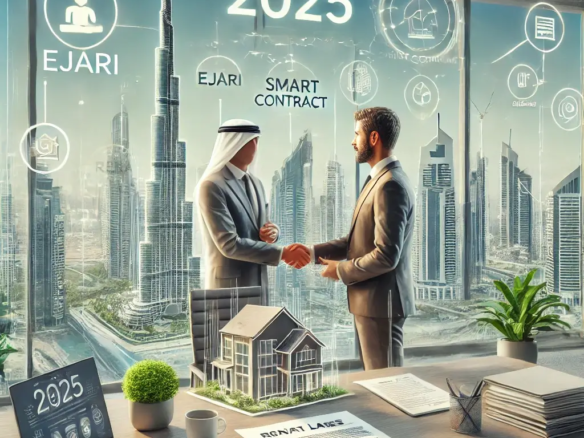 Dubai Rental Laws 2025: Key Rules for Tenants & Landlords 3 A business meeting in a high-rise Dubai office overlooking the Burj Khalifa, showcasing rental laws for 2025, including Ejari registration, smart contracts, and tenant-landlord agreements