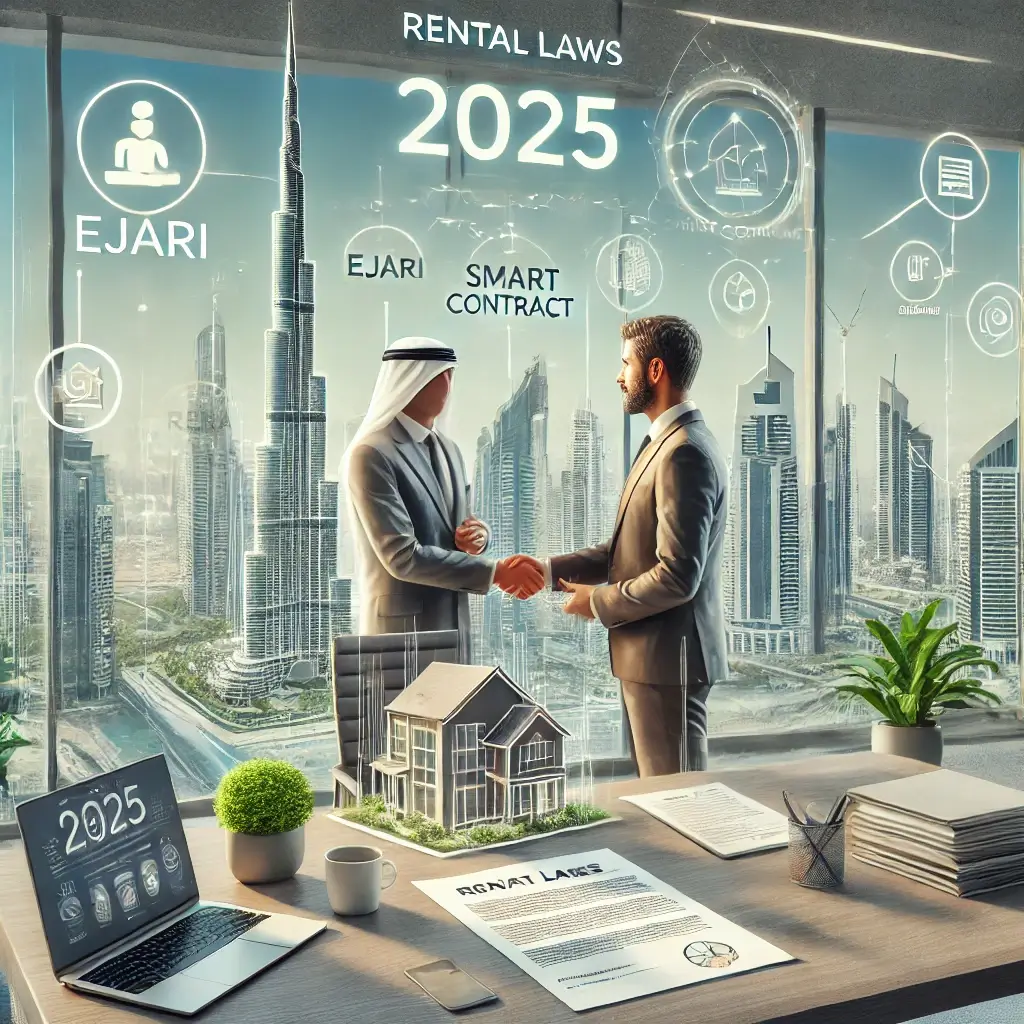 Dubai Rental Laws 2025: Key Rules for Tenants & Landlords 1 A business meeting in a high-rise Dubai office overlooking the Burj Khalifa, showcasing rental laws for 2025, including Ejari registration, smart contracts, and tenant-landlord agreements