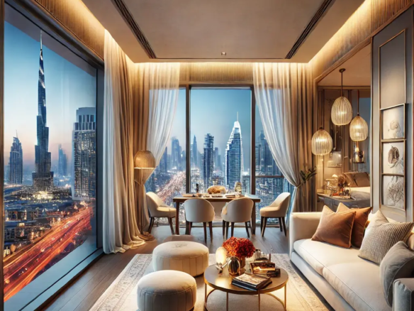 Short-Term Rentals in UAE: Rules & Profit Strategies 4 Luxurious short-term rental apartment in Dubai with modern furnishings, ambient lighting, and a breathtaking view of the Burj Khalifa from the balcony