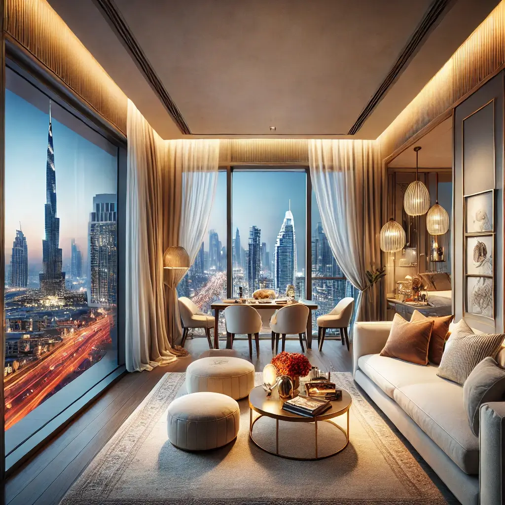Short-Term Rentals in UAE: Rules & Profit Strategies 4 Luxurious short-term rental apartment in Dubai with modern furnishings, ambient lighting, and a breathtaking view of the Burj Khalifa from the balcony