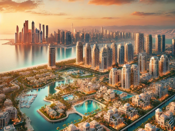 Why Ras Al Khaimah is the Next Hotspot for UAE Investors 3 A scenic view of Ras Al Khaimah’s skyline with modern real estate, waterfront villas, and a sunset-lit Arabian Gulf, highlighting the region’s investment appeal