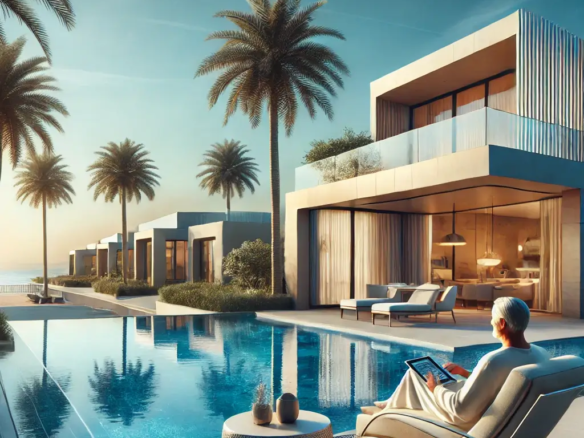 Best UAE Cities for Affordable Luxury Retirement 2 Modern beachfront villa with a private pool in the UAE, surrounded by palm trees and a peaceful atmosphere, ideal for retirees