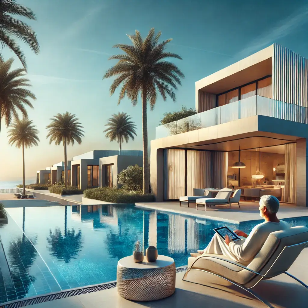Best UAE Cities for Affordable Luxury Retirement 1 Modern beachfront villa with a private pool in the UAE, surrounded by palm trees and a peaceful atmosphere, ideal for retirees